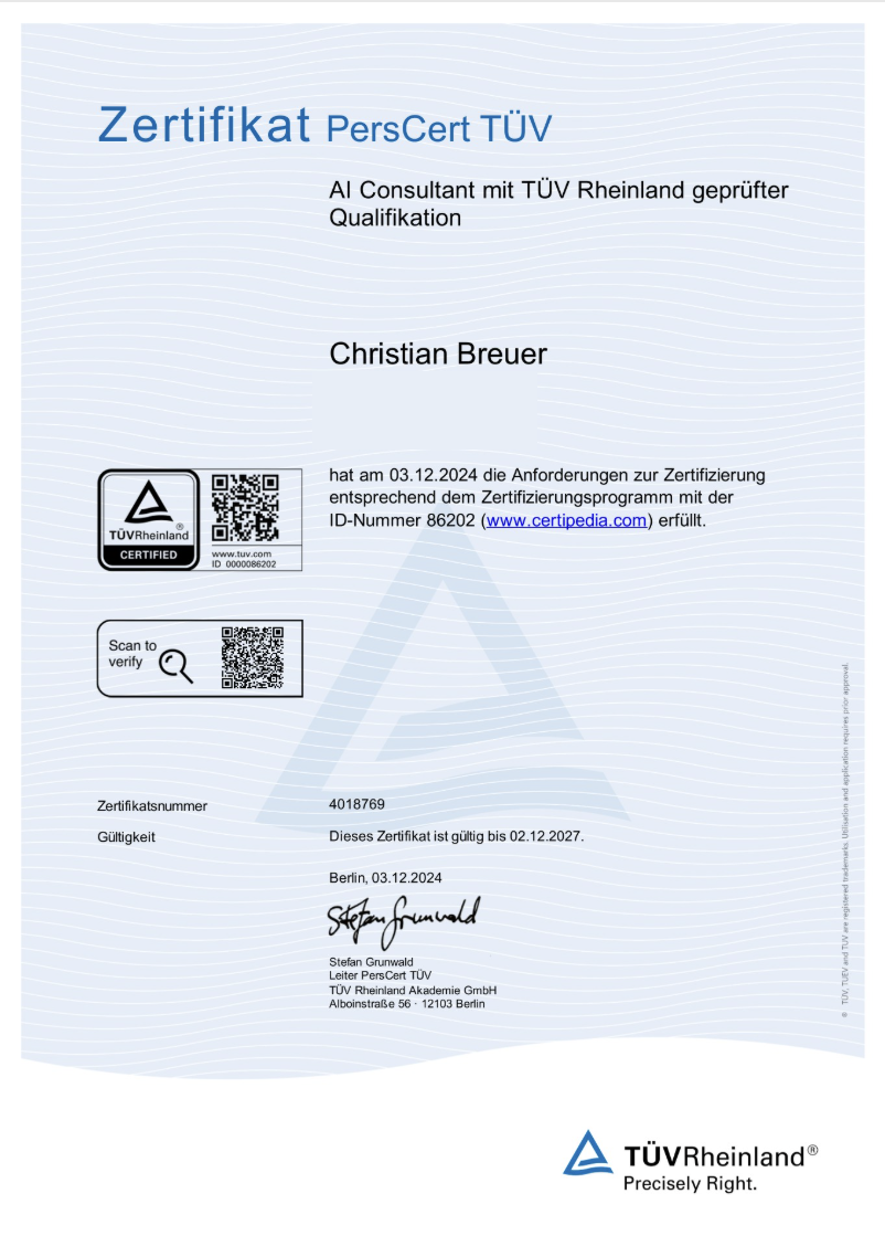 TÜV Rheinland Zertifikat — AI Consultant, Christian Breuer